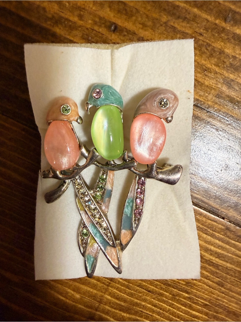 Colorful Bird Trio Rhinestone Brooch - Pastel Pink, Green & Blue